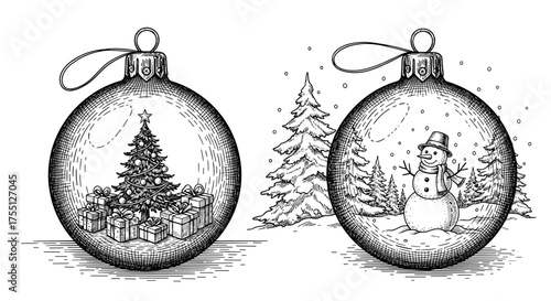 Glass Christmas ornaments with tree, gifts and snowman engraving sketch hand drawn style black and white vintage illustration vector