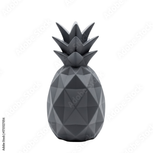 Meticulously crafted, matte charcoal gray ceramic pineapple sculpture with geometric facets and spire, isolated on transparent with copy space, soft studio light, modern minimalist design concept