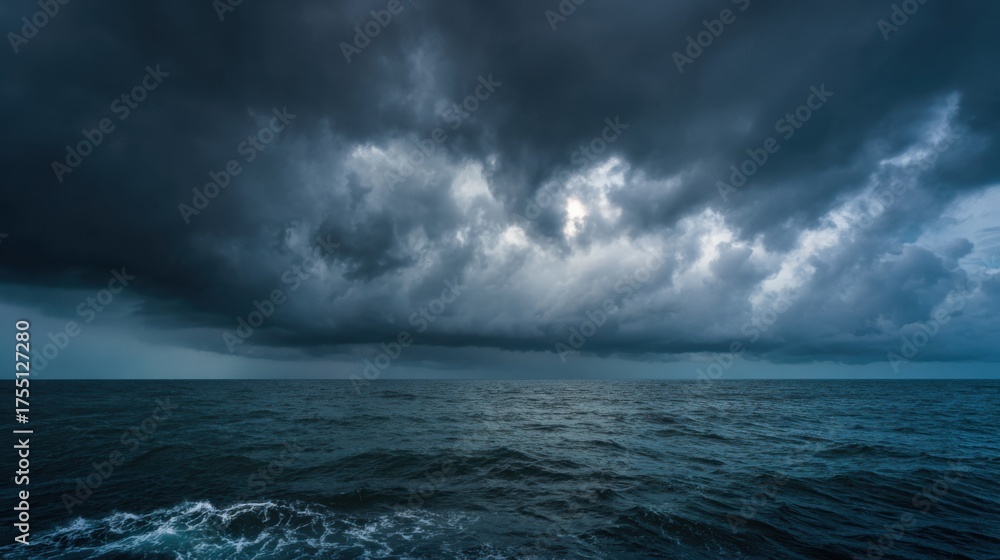 Obraz premium Thick dark clouds loom over the vast ocean creating a dramatic and foreboding atmosphere at twilight. The water reflects the somber mood of the approaching storm.