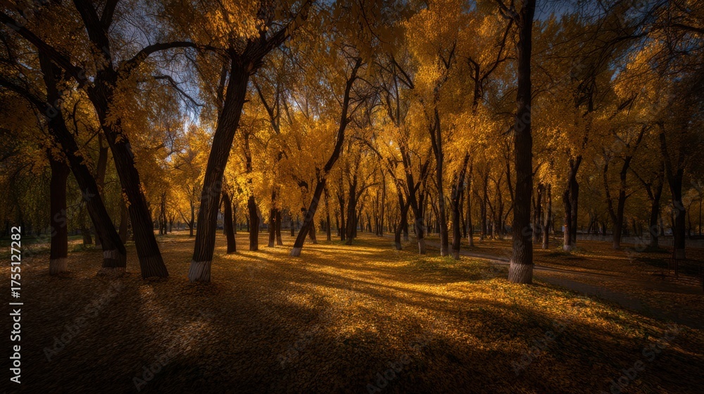 Fototapeta premium Golden autumn landscape serene forest nature photography vibrant colors ground level seasonal beauty