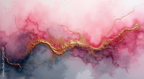 Abstract painting of pink and gold paint with a flowing stream of gold
