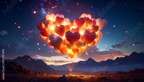 A breathtaking spectacle of illuminated heart-shaped balloons ascending into a starry night sky over a serene mountain landscape