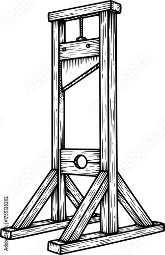 Vintage Guillotine Execution Device Black and White Outline Line Art Drawing Hand Drawn Etching
