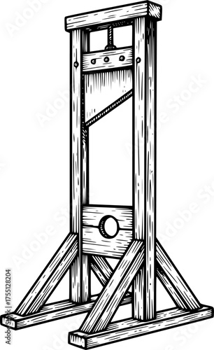 Vintage Guillotine Execution Device Black and White Outline Line Art Drawing Hand Drawn Etching
