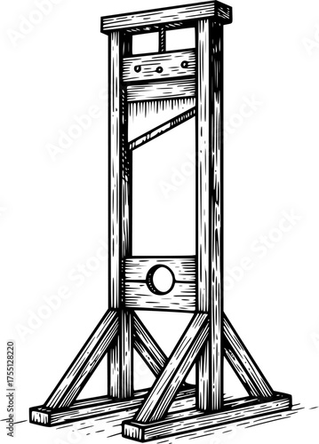 Vintage Guillotine Execution Device Black and White Outline Line Art Drawing Hand Drawn Etching
