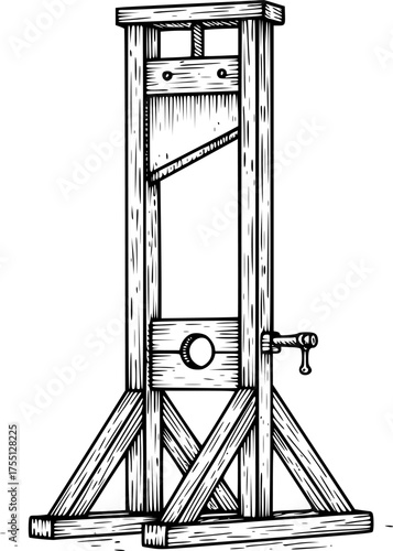 Vintage Guillotine Execution Device Black and White Outline Line Art Drawing Hand Drawn Etching
