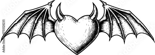 Love Shape Heart with Devil Bat Wings Black and White Outline Line Art Drawing Engraving Style

