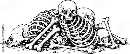 Pile of Bones Black and White Outline Line Art Drawing of Skeleton Parts Ancient Style Isolated
