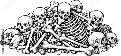 Pile of Bones Black and White Outline Line Art Drawing of Skeleton Parts Ancient Style Isolated
