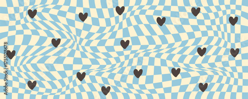 Wallpaper Mural Abstract wavy checkered pattern with grey hearts on blue and white background. Modern romantic seamless design for Valentine’s, textile prints, wallpapers and digital projects Torontodigital.ca