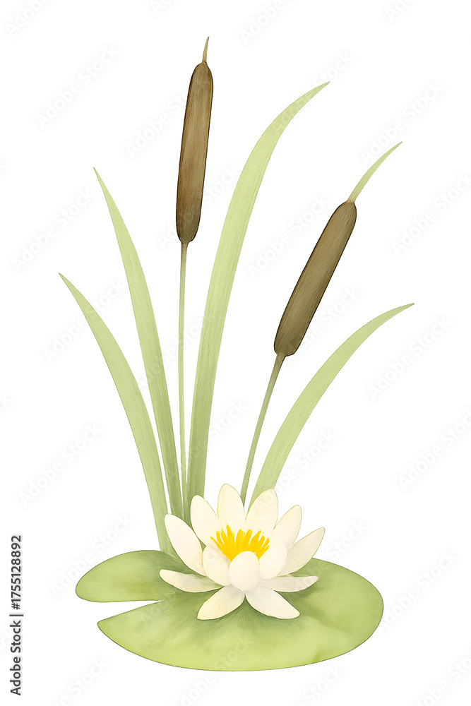 Fototapeta premium White water lily blooming on lily pad with tall cattails, vertical composition, isolated on white 