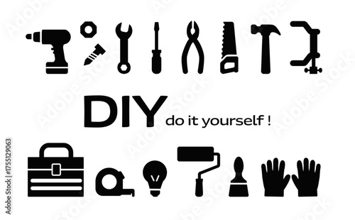 DIY Tools Silhouette Icon Set – Line Art Style (Black)