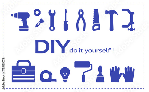 DIY Tools Silhouette Icon Set – Line Art Style (Blue)