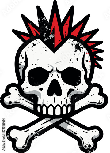 Punk rock skull illustration with red mohawk and crossbones.
