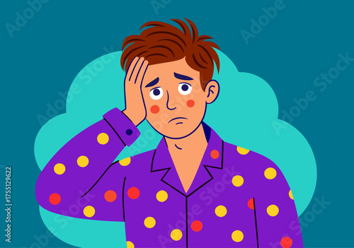 Worried Man with Insomnia in Polka Dot Pajamas