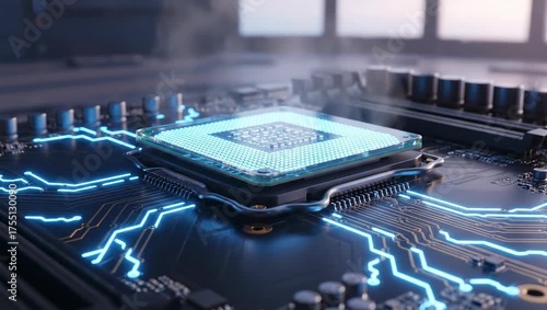 Close up of central processing unit installed on circuit board