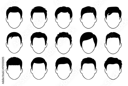 Diverse men's hair styles arrayed as unique silhouettes, a variety of fashionable coiffures displayed.
