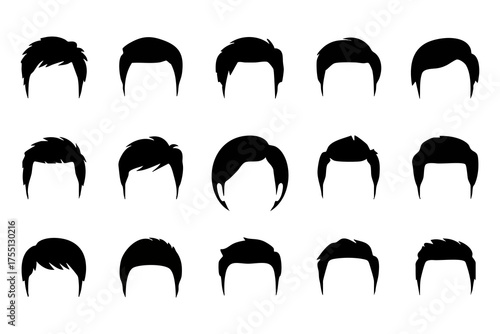 Diverse men's hair styles arrayed as unique silhouettes, a variety of fashionable coiffures displayed.