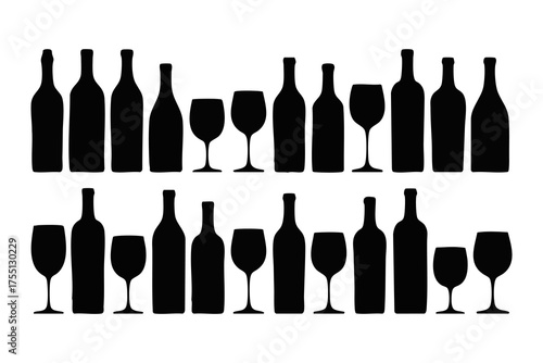 Wine bottle and glass silhouettes arranged in two rows create a dynamic composition.