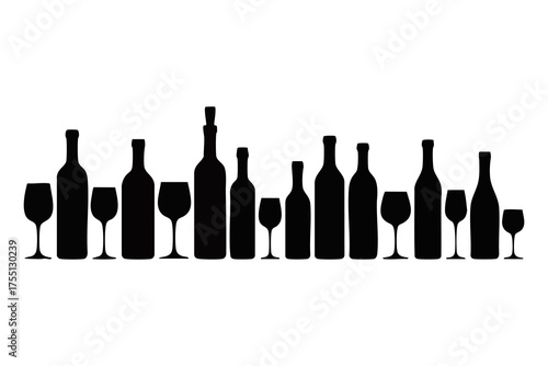Wine bottle and glass silhouettes arranged in two rows create a dynamic composition.