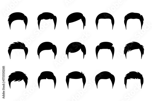 Diverse men's hair styles arrayed as unique silhouettes, a variety of fashionable coiffures displayed.