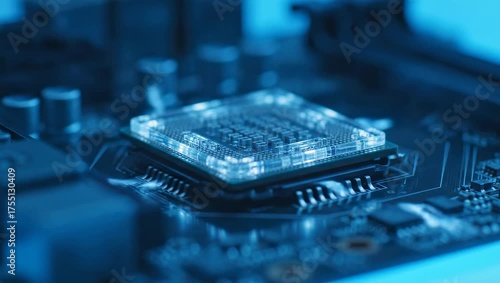 Close up view of a glowing computer chip on a circuit board