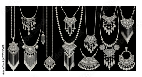 Elegant silver necklaces collection featuring modern bohemian pendants perfect for fashion accessory designs and jewelry concepts, ideal for creative assets