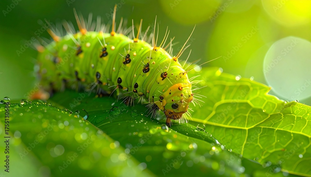 Naklejka premium caterpillars walking on green leaves