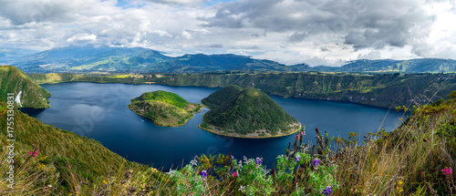 Laguna Cuicocha, beautiful blue lagoon with islands inside the crater of the Cotacachi volcano, Ecuador
