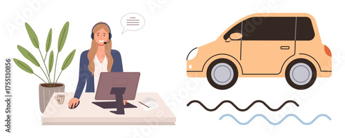 Woman at desk with headset and computer, car image with wavy lines. Ideal for customer service, support, automotive assistance, communication, troubleshooting, mobility, simple flat metaphor
