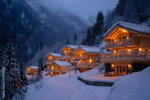 Snowy alpine chalets glowing at dusk on a forested mountain slope