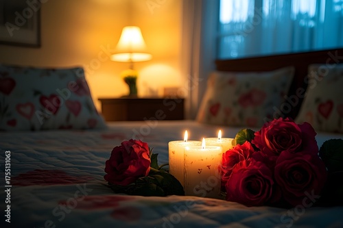 Romantic candles and roses on a cozy bed in soft lamplight