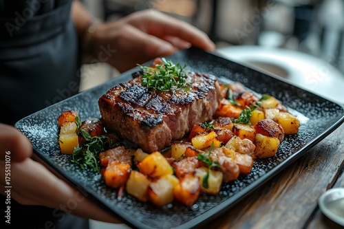 Grilled steak with roasted vegetables served on a black platter