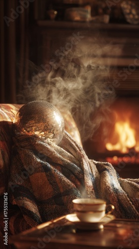 Reflective disco ball on colorful blanket, with steaming cup nearby and warm fireplace in background, creating a cozy and inviting ambiance for relaxation