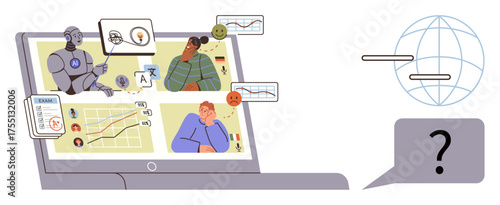 Laptop displaying virtual AI and human collaboration, charts, data trends, and global communication. Ideal for technology, AI integration, teamwork, data analysis, education innovation