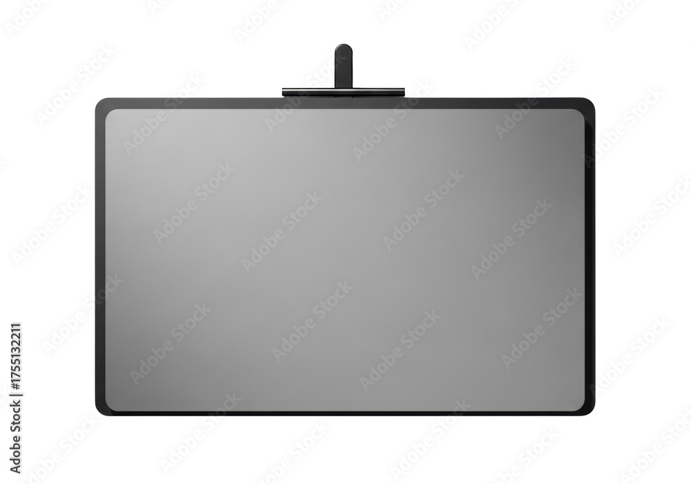 Obraz premium Two charcoal grey polymer sheets, held by a matte black magnetic clip, perfectly aligned on a bright white studio background with copy space, concept of precision and modern elegance
