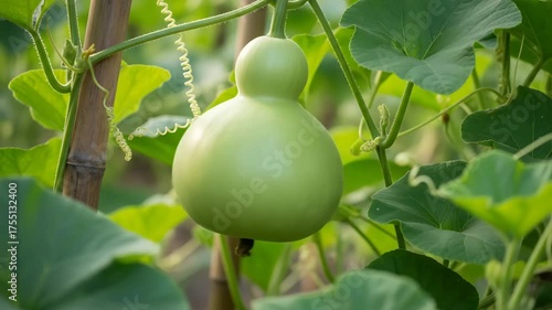 Fresh green bottle gourd hanging on vine with bamboo support in garden sunlight healthy organic