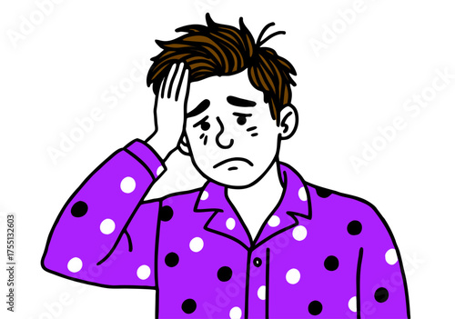 Worried Man in Polka Dot Pajamas Experiencing Insomnia