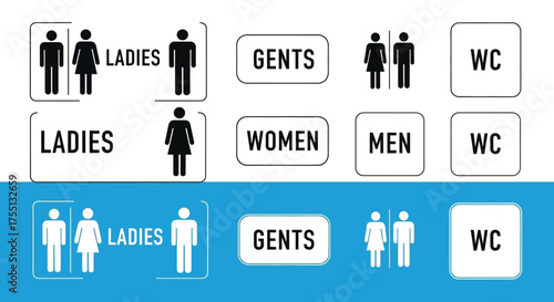 Collection of Pictograms and Signs for Public Restrooms and Toilets for Men and Women