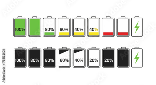 Visual Representation of Battery Charge Levels from Full to Empty Showing Percentage Indicators and Charging Symbols