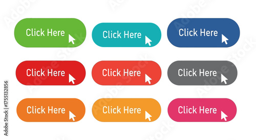Collection of Various Colorful Click Here Buttons with Cursor Icons and Rounded Rectangular Shapes on a White Background Displaying Different Call to Actions