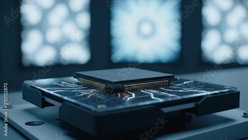 Electronic processor floating above motherboard technology concept