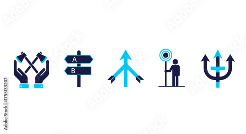 Set of icons representing business growth strategy and direction choices for decision making and planning