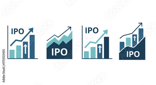 Illustrations of IPO Initial Public Offering Performance Showing Upward Trends in Financial Markets and Stock Growth with Bars and Arrows