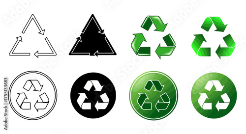 Collection of Diverse Recycling Symbols and Icons Representing Environmental Sustainability and Waste Reduction Efforts