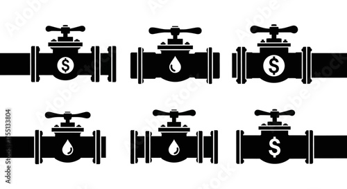 Illustration of Industrial Pipes with Valves Featuring Dollar Signs and Water Droplets Symbolizing Financial Flow and Resource Management