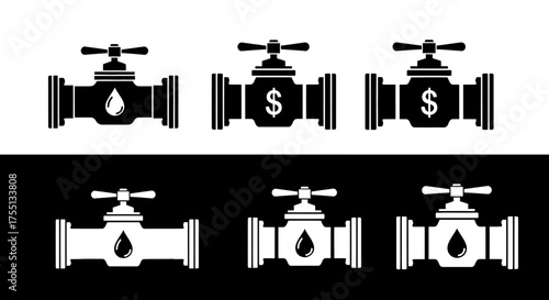 Industrial Valves Representing Water Flow and Financial Cost with Control Mechanisms and Liquid Droplets and Currency Symbols for Plumbing and Utility Management