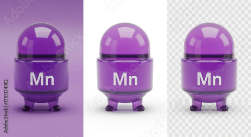 Glossy Purple Capsule With Mn Symbol Representing Manganese Element On White Background Transparent And Solid Purple Backdrop