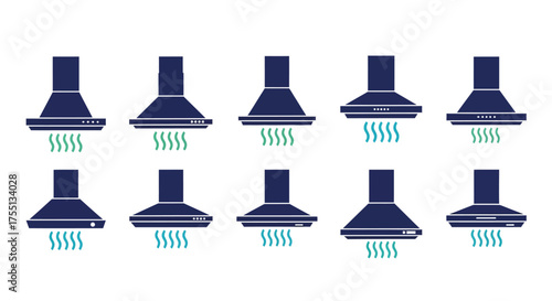 Collection of ten different kitchen range hood designs showing ventilation airflow