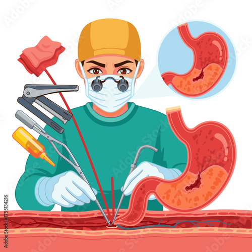 Skilled surgeon performing delicate stomach surgery, advanced medical procedure, illustration for healthcare industry, professional medical artwork.